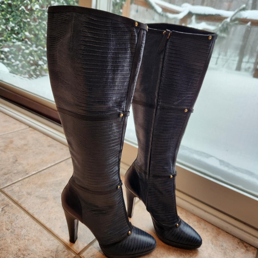 Gianfranco Ferré Black Embossed Leather Knee High Boots Lizard Texture Stiletto